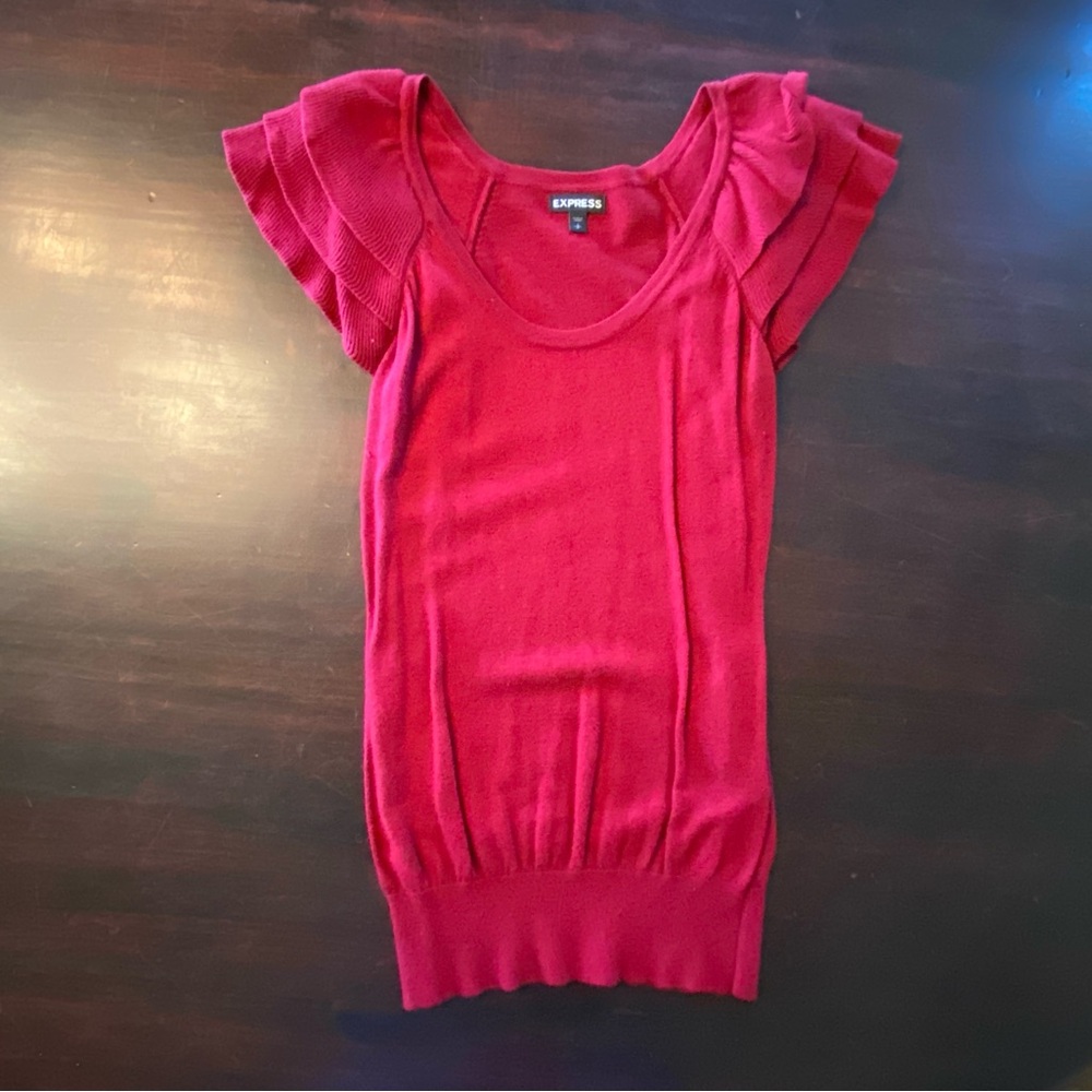 Vintage Red Ruffled Scoop Neck Knit Top, Size Small